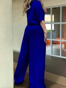 2 pezzi/set Completo casual da donna, composto da top a maniche corte a girocollo in tinta unita e pantaloni lunghi con tasche in vita, elegante per l'estate - Blu - Visualizzare 5