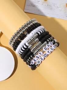 10pcs Black & White Soft Ceramic CCB Letter Beaded Bracelets, Minimalist Elegant Design For Women