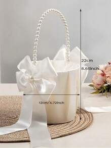 Satin White Bow Faux Pearl Wedding Flower Basket, Create A Romantic Wedding, Ideal For New Year Decoration And Gift-Giving