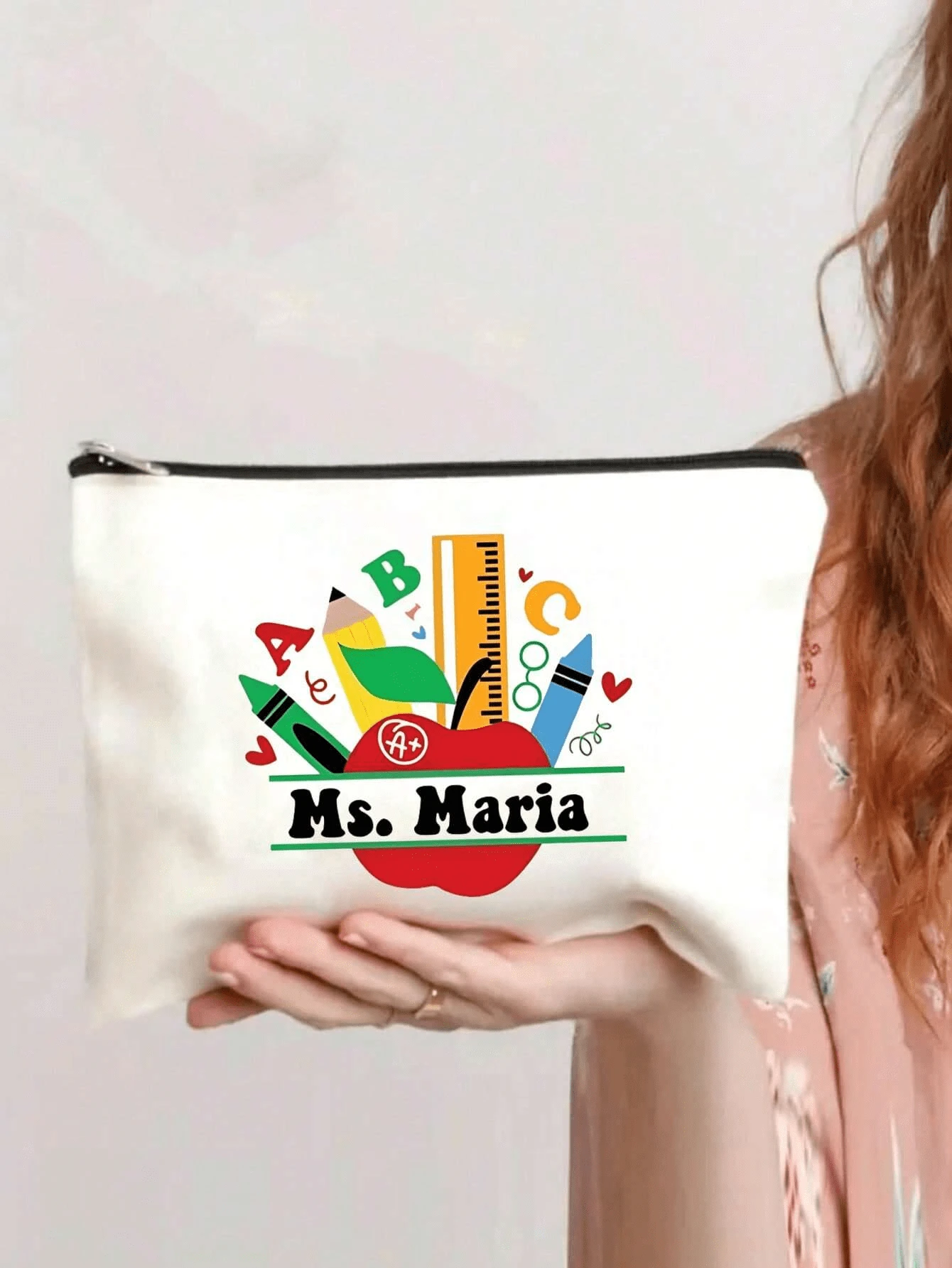 1pc Custom Name Thank You Teacher Personalized Gift Bag, New Cosmetic Bag, Custom Name Logo Cosmetic Bag, Can Be Customized To Your Unique Design, Lightweight Zipper Cosmetic Bag Is Also Perfect For Coin Purse, Pencil Case, Perfect For Shopping, Date, Vacation, Travel, Festival, Party Or As A Gift