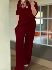 女士休闲纯色圆领短袖上衣和高腰裤两件套，夏季优雅 - 酒紅色 - 查看 4