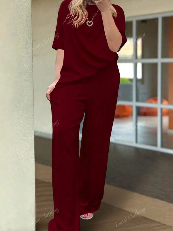 Women's Casual Solid Color Round Neck Short Sleeve Top And High Waist Pants 2 Pieces Set, Summer