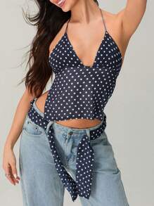 Women's Y2k Camisole Tops With Scarf Halter V Neck Sleeveless Spaghetti Strap Backless Crop Tank Tops Dots Print Slim Fit Cami Tops Sexy Coquette Going Out Crop Tops Summer Bar Party Clubwear Streetwear Aesthetic Clothes - 藍色 - 查看 4