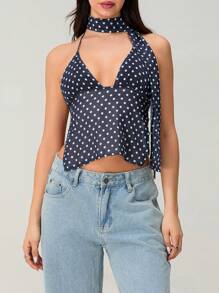 Women's Y2k Camisole Tops With Scarf Halter V Neck Sleeveless Spaghetti Strap Backless Crop Tank Tops Dots Print Slim Fit Cami Tops Sexy Coquette Going Out Crop Tops Summer Bar Party Clubwear Streetwear Aesthetic Clothes - 藍色 - 查看 5