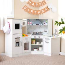Kids Corner Kitchen Playset Wooden Pretend Play Toy With Microwave - White - View 2