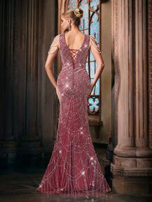 时尚勃艮第女士仿珍珠装饰鱼尾下摆礼服裙 - 酒紅色 - 查看 2