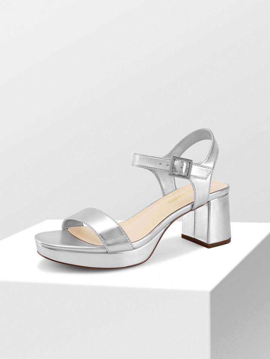 Women Comfortable Chunky Low Heeled Sandals Open Toe Buckle Decor Ankle Strap Heeled Sandals For Daily Wearing Wedding Party Prom - Silver - View 1