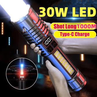 便携式大功率 LED 手电筒带显示屏可充电军用战术手电筒内置 18650 电池应急聚光灯超亮照明露营灯家用户外手电筒