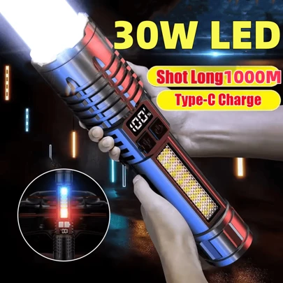 便携式大功率 LED 手电筒带显示屏可充电军用战术手电筒内置 18650 电池应急聚光灯超亮照明露营灯家用户外手电筒