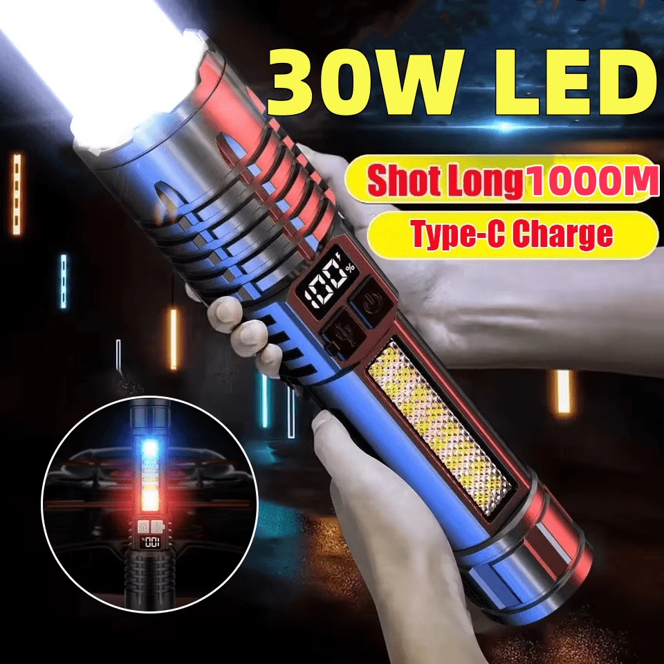 便携式大功率 LED 手电筒带显示屏可充电军用战术手电筒内置 18650 电池应急聚光灯超亮照明露营灯家用户外手电筒 - 黑色 - 查看 1