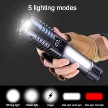 便携式大功率 LED 手电筒带显示屏可充电军用战术手电筒内置 18650 电池应急聚光灯超亮照明露营灯家用户外手电筒 - 黑色 - 查看 4