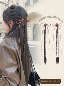 1pc Women's Sweet Elegant Hair Braids Clip, Fashion Long Braid Hair Accessory, Fake Hair Half Bun Side Ribbon Pony Tail Hair Clips, Suitable For Daily Wear, Boho Elegant