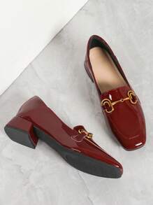 Women's High Heel Shoes, Burgundy, Chunky Heel, Fashion Casual Versatile Work Shoes, Square Toe Loafers