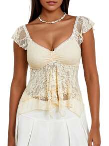 Women Summer Crop Tanks Flying Sleeve V Neck Lace Double Layered Lotus Edge Tops - Yellow - View 2
