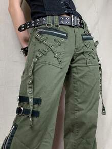 Women Y2K Gothic Cargo Pants Loose High Waist Trousers Harajuku Wide Leg Baggy Pants 90s Punk Goth Loose Trousers Streetwear - màu xanh lá - Xem 4