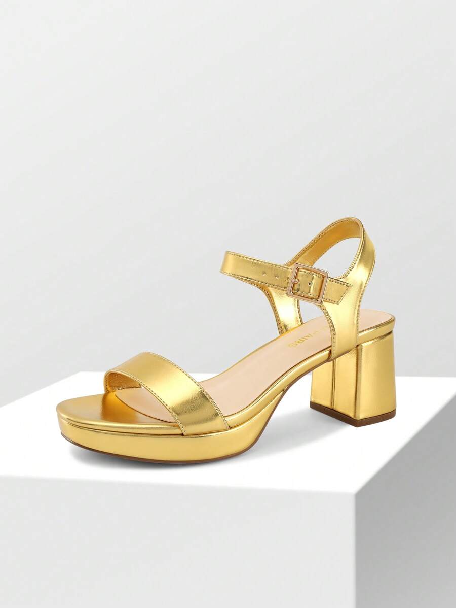 Women Comfortable Chunky Low Heeled Sandals Open Toe Buckle Decor Ankle Strap Heeled Sandals For Daily Wearing Wedding Party Prom - 金色 - 查看 1