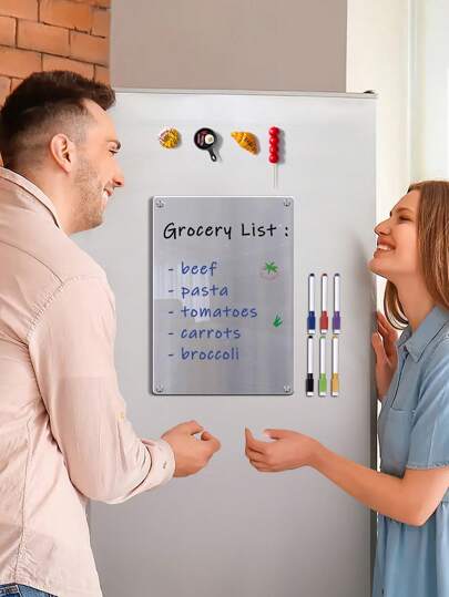 Magnetic Acrylic Notepad - 6 Whiteboard Pens Included, Refrigerator Memo Board For Kitchen/Office, Weekly & Monthly Planner, Reusable Shopping List & To-Do List Organizer, Transparent Sticky Notes Holder (PMMA Material)