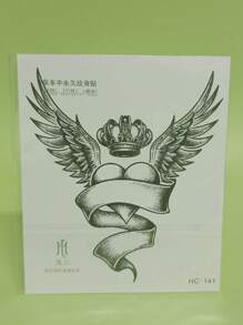 1张翅膀爱心皇冠临时纹身贴纸，防水防汗，可持续1-2周，逼真的草药汁液图案，不反光，几何设计，黑色仿纹身，男女通用，适用于胸部、手臂、腹部、腰部等部位，现代简约人体彩绘 - 黑色 - 查看 7