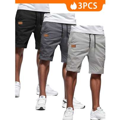 3 PCS Mens Casual Shorts - Cotton Drawstring Summer Beach Stretch Twill Chino Golf Shorts