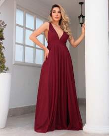 Olive Green V-Neckline Bridesmaid Prom Dress In Shiny Tulle - 紅木色 - 查看 4