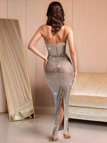 Shiny Rhinestone Decorated Spaghetti Strap Party Evening Dress, Fashion Celebrity Party Prom Gown Wedding, Wedding Guest Dress, Formal Dress - Apricot - View 8