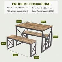 VECELO 3-Pieces Dining Table Set, Rectangle Dinette With 2 Benches, Metal Frame For Dining Room, Living Room, Small Space - Brown - View 6