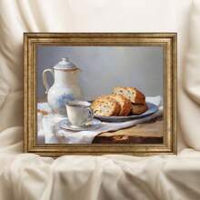 1 Piece, Canvas Hanging, Framed Decorative Painting, Coffee And Bread, Kitchen Still Life, Vintage Farmhouse Decor Art, Oil Painting Print, Country Kitchen Wall Art, Spring Afternoon Tea Decor Mural, French Decor, Spring Home Decor Gifts Birthday Graduation