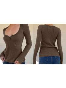 Women Long Sleeve T-Shirts Solid Color Buttons Sqaure Neck Casual Shirts Spring Fall Fashion Slim Fit Knit Tops Streetwear - Brown - View 6