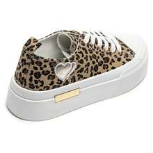 Women's Thick Sole Lace-Up Sneakers, With Heart-Shaped Patch, Available In Multiple Colors - Leopard-9151 - View 5