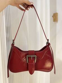 酒红色复古时尚法棍包，简约新月形女士单肩包，酒红色甜美清爽可锁腋下包，小众设计性感单肩/斜挎包 - 彩色 - 查看 8