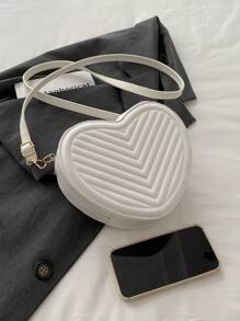1 pieza Bolso pequeño de unicolor simple y elegante para niñas, nueva bolsa de mensajero de hombro con textura en forma de corazón, material de PU, bolso de corazón de niña de moda, bolso de mensajero de hombro a cuadros elegante y versátil con cierre de cremallera, muy adecuado para salidas y citas