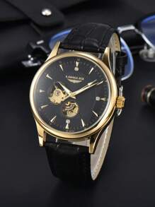 LONGLUX 1pc Men Hollow Automatic Mechanical Watch With Leather Band, Waterproof Casual Watch