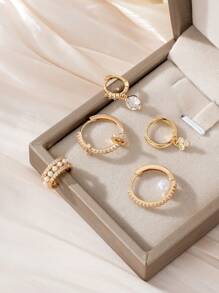 Set de 5 piezas de aretes de cobre con zirconia cúbica y perla falsa en dorado, joyas livianas adecuadas para banquetes, fiestas y bodas de mujeres - Amarillo Oro - Ver 4