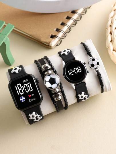 4 Pieces Of Boys' And Girls' Fashionable And Classic Digital Square LED Children's Watches For Football Decoration. These Wristbands And Electronic Watches Are Suitable For Wearing During The School Reopening Season. They Come With Alloy Hand-Woven Football Ropes, Making Them Suitable For Daily Life, Sports,