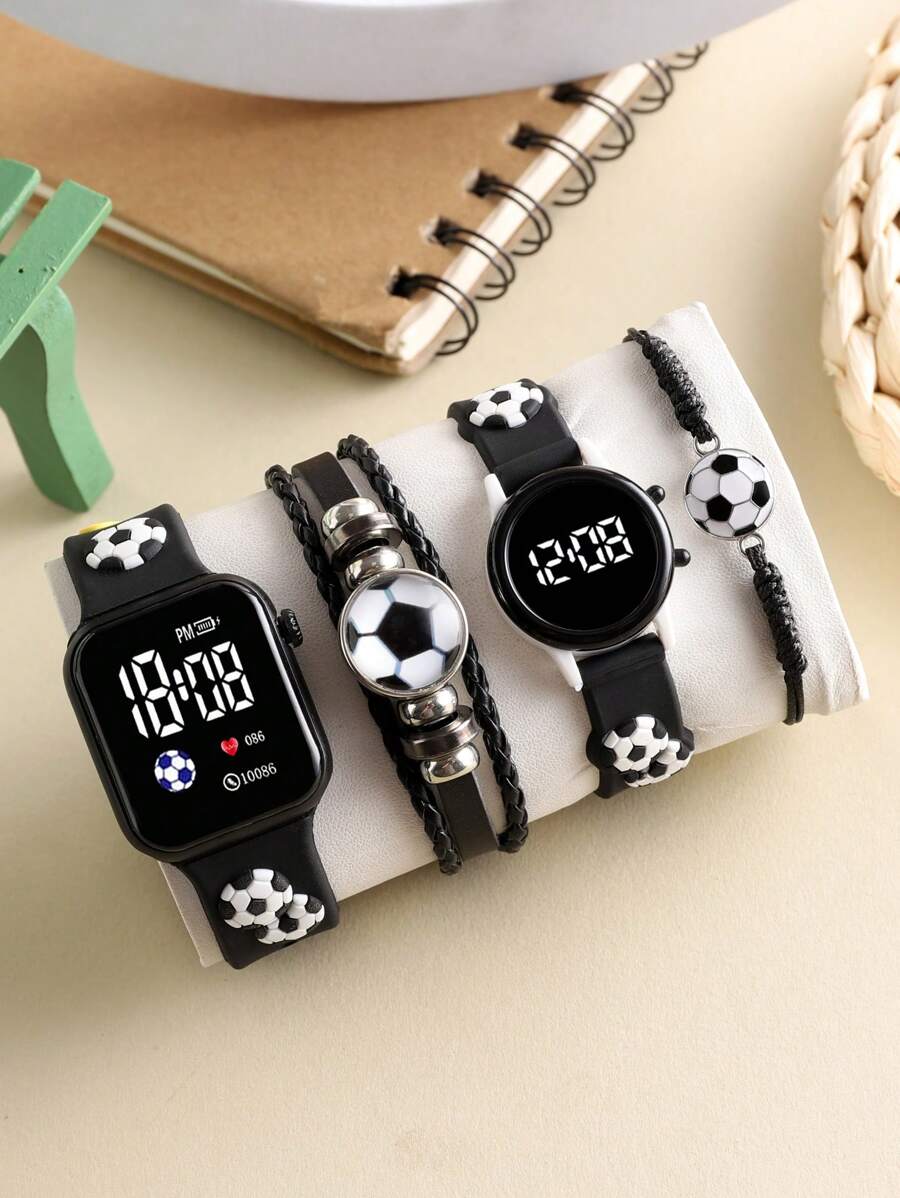 4 Pieces Of Boys' And Girls' Fashionable And Classic Digital Square LED Children's Watches For Football Decoration. These Wristbands And Electronic Watches Are Suitable For Wearing During The School Reopening Season. They Come With Alloy Hand-Woven Football Ropes, Making Them Suitable For Daily Life, Sports,