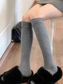 3双装女士针织袜，纯色竖条纹保暖过膝袜，原宿风洛丽塔袜，圣诞礼物