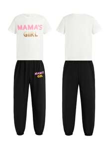 2pcs/Set Girls Casual Fashion Cartoon Print Round Neck Short Sleeve T-Shirt Top And Long Pants Set, Summer
