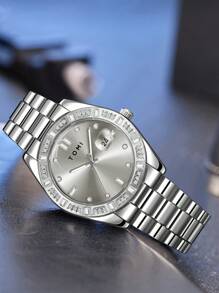 TOMI Men's Quartz Watch With Crown Brooch Ring Set, Minimalist Design With Rhinestone Dial, Zinc Alloy Strap, Gift Box For Daily Life, Business Events, Father's Day, Valentine's Day, Christmas, - White - View 2