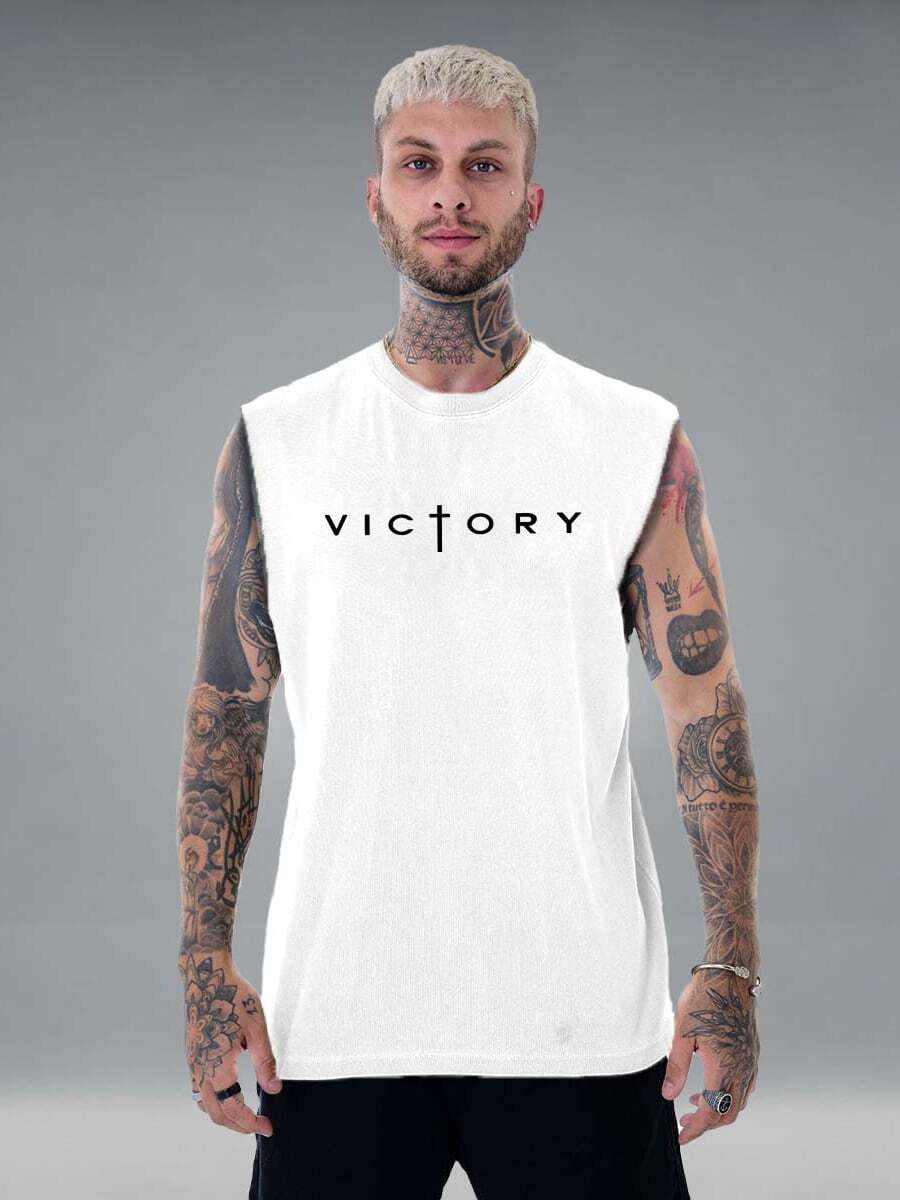 Oversized T-Shirt Victory Tank Top Over Streetwear Shirt Men Unisex Shirt Gym Workout Loose Summer Cotton Printed T-Shirt - 白色 - 查看 1