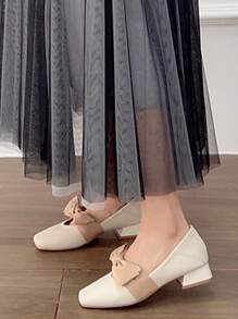 HanDuEke Women's Big Bow Square Toe Chunky Heel Slip-On Flats, Fashion Princess Style Comfortable Shoes, 2025 New Arrival
