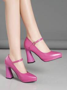 Women's Chunky Heel Platform Pumps With Ankle Strap , Available In Pink, Apricot, Nude, Burgundy, Black, White, Red, Silver, Gold, Brown, Fashionable Patent Leather Shoes