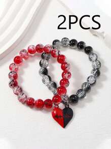 2pcs/1pc 黑红冰碎玻璃圆珠情侣手链哥特式风格 ECG 爱情吊坠情侣磁力手链玻璃珠手链节日礼物 - 14-16Y - 查看 1