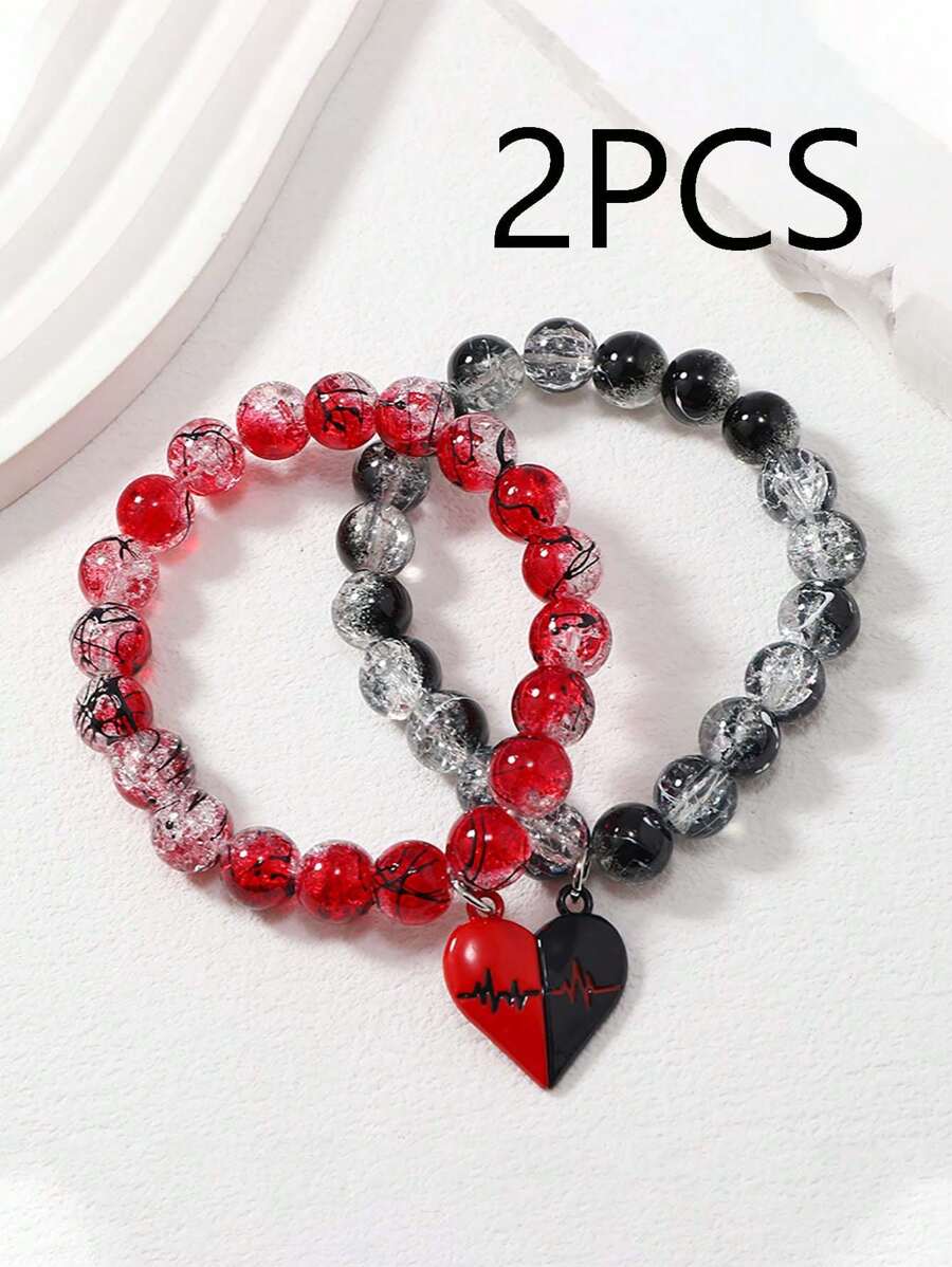 2pcs/1pc 黑红冰碎玻璃圆珠情侣手链哥特式风格 ECG 爱情吊坠情侣磁力手链玻璃珠手链节日礼物 - 14-16Y - 查看 1