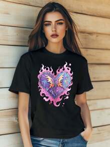Women's  Valentine's Day Love Butterfly Thorns Chain Heart Print T-Shirt Fashion Short Sleeve Round-Neck Slm Fit Tops Summer Casual Streetwear - 黑色 - 查看 1