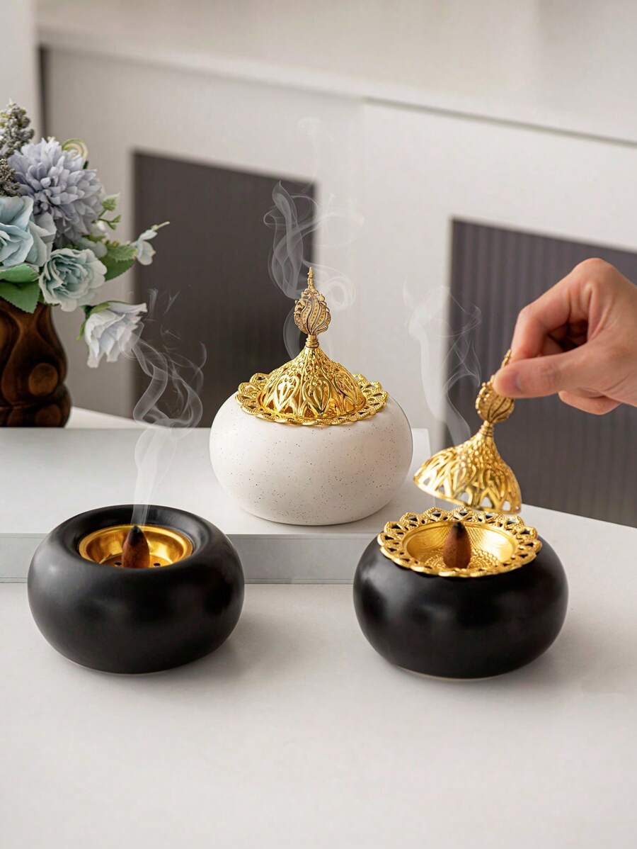 1 pieza de quemador de incienso de forma redonda con combinación de metal y cerámica, color blanco y negro, estilo moderno minimalista, de lujo, para aromatizar el hogar, adecuado para escritorio, hogar, oficina, hotel, sala de estar, salón, decoración navideña