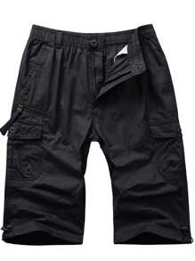 Hombre Algodón Senderismo Capri Shorts Casual Street 3/4 Largo Verano Cargo Cropped Pants Ligero Debajo Rodilla Corto Pantalones Con 7 Bolsillos, Negro