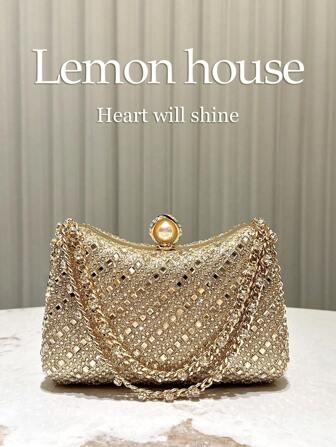 1pc Glamorous Gold Shiny Rhinestone Decor Handbag, Fashion Elegant Clutch Purse For Women, Suitable For Evening Party Wedding Cocktail Banquet, Tready Party Bags,Perfect For Party, Wedding, Prom, Dinner/Banquet, Perfectly Matching With Prom Dresses For Women, Prom Accessories,Sequin Dress Women,Sparkly Dress,Elegant Dresses For Women, Elegant Prom Bag , Bags Ladies Elegant