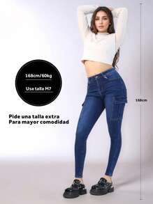 Dark Blue Water-Washed Jeans, High-Waist Slim Elastic Pants, Comfortable And Close-Fitting, Suitable For Daily Wear, Special Pockets, Fashionable Style, Wear-Resistant - 深色水洗藍 - 查看 5