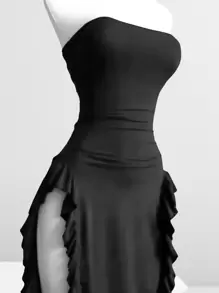 Long Sheath Dress With Asymmetrical Hem And Strapless Ruched Skirt - Black - View 2