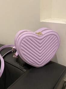 1 pieza Bolso pequeño de unicolor simple y elegante para niñas, nueva bolsa de mensajero de hombro con textura en forma de corazón, material de PU, bolso de corazón de niña de moda, bolso de mensajero de hombro a cuadros elegante y versátil con cierre de cremallera, muy adecuado para salidas y citas